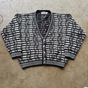 Men's Vintage 90s Concrete Mix Black Gray Knit Acrylic Cardigan Sweater Sz Large